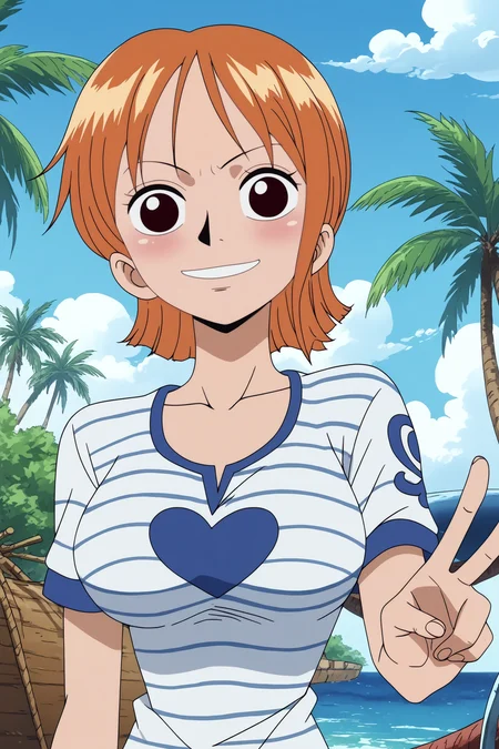 nami,1girl,solo,mature,tattoo,orange hair,black eyes,shirt,breasts,large breasts,striped shirt,short sleeves,miniskirt,collarbone,looking_at_viewer,peace sign
BREAK
outdoors,pirate_ship,blue sky,sea,palm tree
<lora:Nami_Before_Eclipse_-_One_Piece.safetensors:0.9>
<lora:detailed_backgrounds_v2.safetensors:0.6>