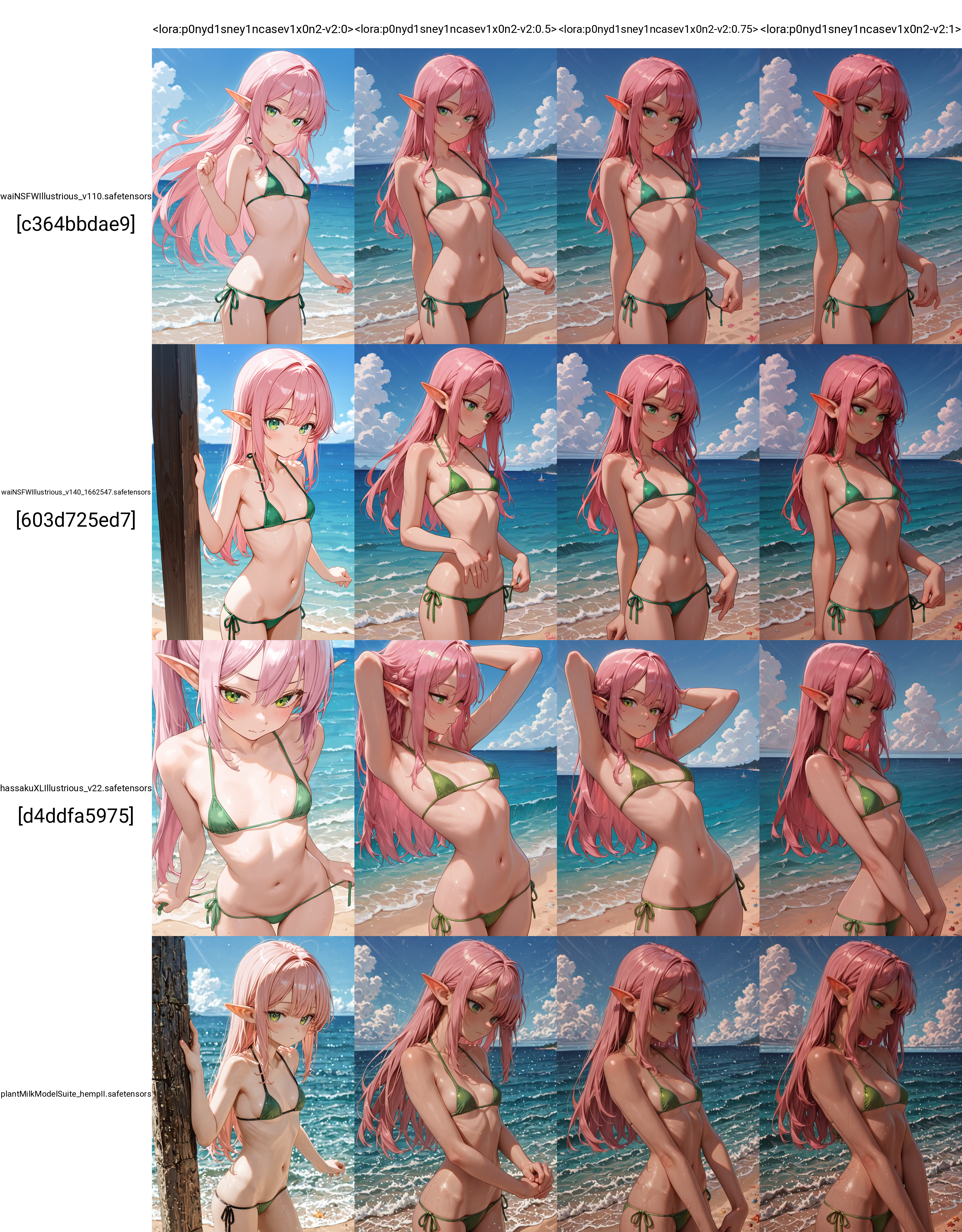 masterpiece, best quality, amazing quality,  <lora:p0nyd1sney1ncasev1x0n2-v2:0>, p0nyd1sney1ncasev1x0n2, 1girl, 25 years old, perfect face,
green eyes,
slim, small breasts, kawaii,
long hair, pink hair,
elf, pointy ears,
micro bikini, green bikini, lowleg bikini, side-tie bikini bottom,
outdoors, beach, ocean, day, cowboy shot,âââ