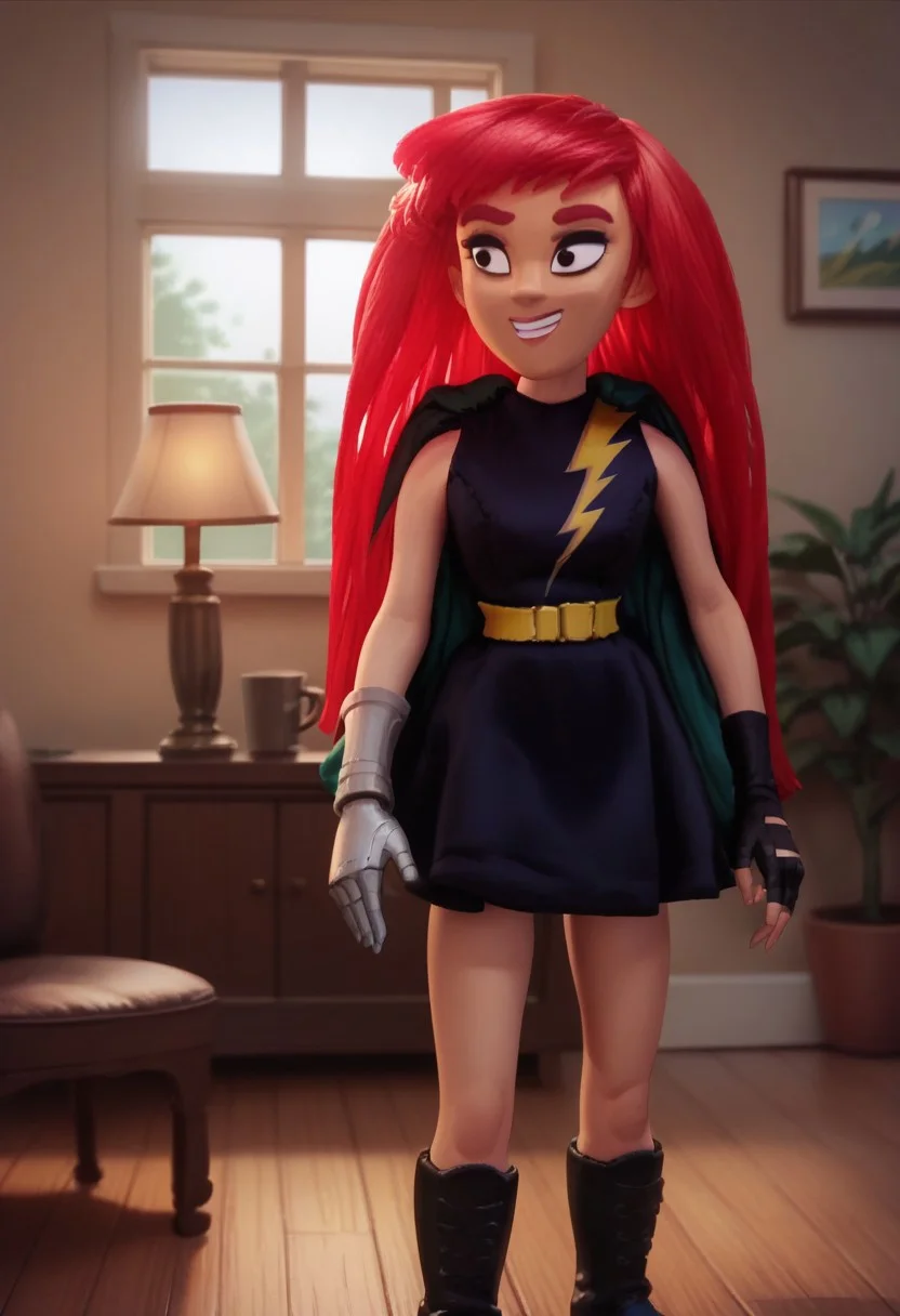 score_8, score_8_up, score_7_up, 1girl, female focus, Solo, Lex_Lightning, Red hair, Large Hair, black eyes, expressive eyes, black eyeshadow, red eyebrows, Black dress sleeveless, yellow lightning bolt symbol in dress, yellow belt, black short skirt, green cape, black boots, robotic hand in right hand, black fingerless glove in left hand, full body, indoors, sofa, living room, coffee table, lamp, window, smile, standing