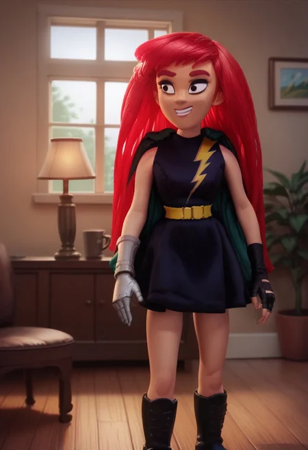 score_8, score_8_up, score_7_up, 1girl, female focus, Solo, Lex_Lightning, Red hair, Large Hair, black eyes, expressive eyes, black eyeshadow, red eyebrows, Black dress sleeveless, yellow lightning bolt symbol in dress, yellow belt, black short skirt, green cape, black boots, robotic hand in right hand, black fingerless glove in left hand, full body, indoors, sofa, living room, coffee table, lamp, window, smile, standing