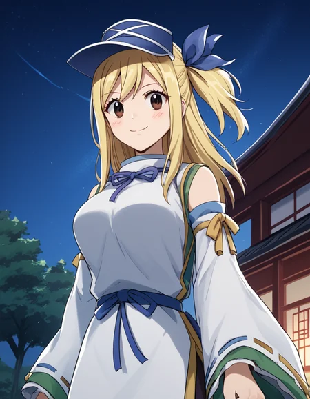 score_9, score_8_up, score_7_up, source_anime, lucyheartfilia, <lora:lucy-heartfilia-s7-ponyxl-lora-nochekaiser:1>, lucy heartfilia, blonde hair, brown eyes, long hair, one side up, ribbon, hair ribbon, blue ribbon, large breasts,, <lora:kariginu-ponyxl-lora-nochekaiser:1>, kariginu, japanese clothes, tate eboshi, magatama, visor cap, ribbon-trimmed sleeves, onmyouji, ribbon trim, wide sleeves,,, outdoors, shrine, night, starry sky, smile, blush,, solo, dutch angle, cowboy shot,