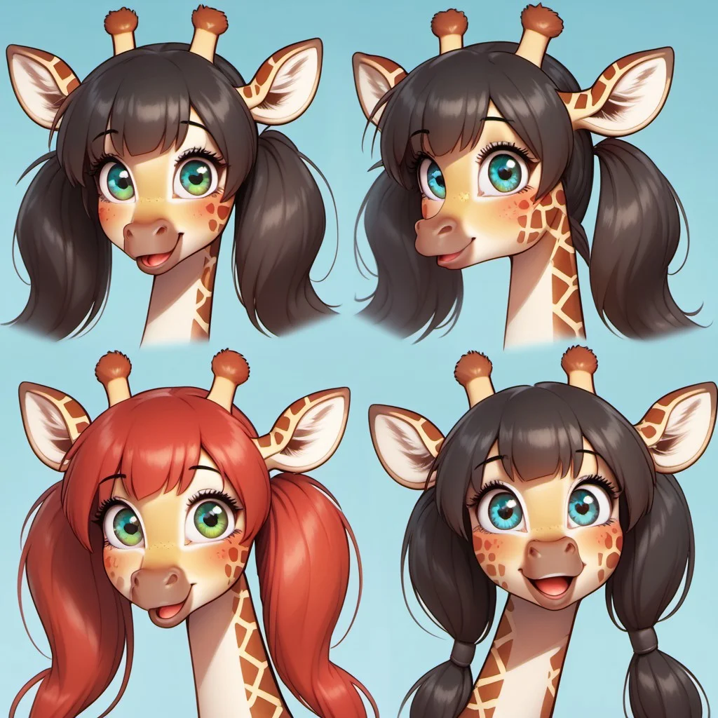 score_9, score_8_up, score_8_up, M4dd13G1r4ff3, anthro giraffe, portrait, multiple views, green eyes, blue eyes, blue eyes, red hair, black hair, twintails, two tone hair, smiling, mouth open