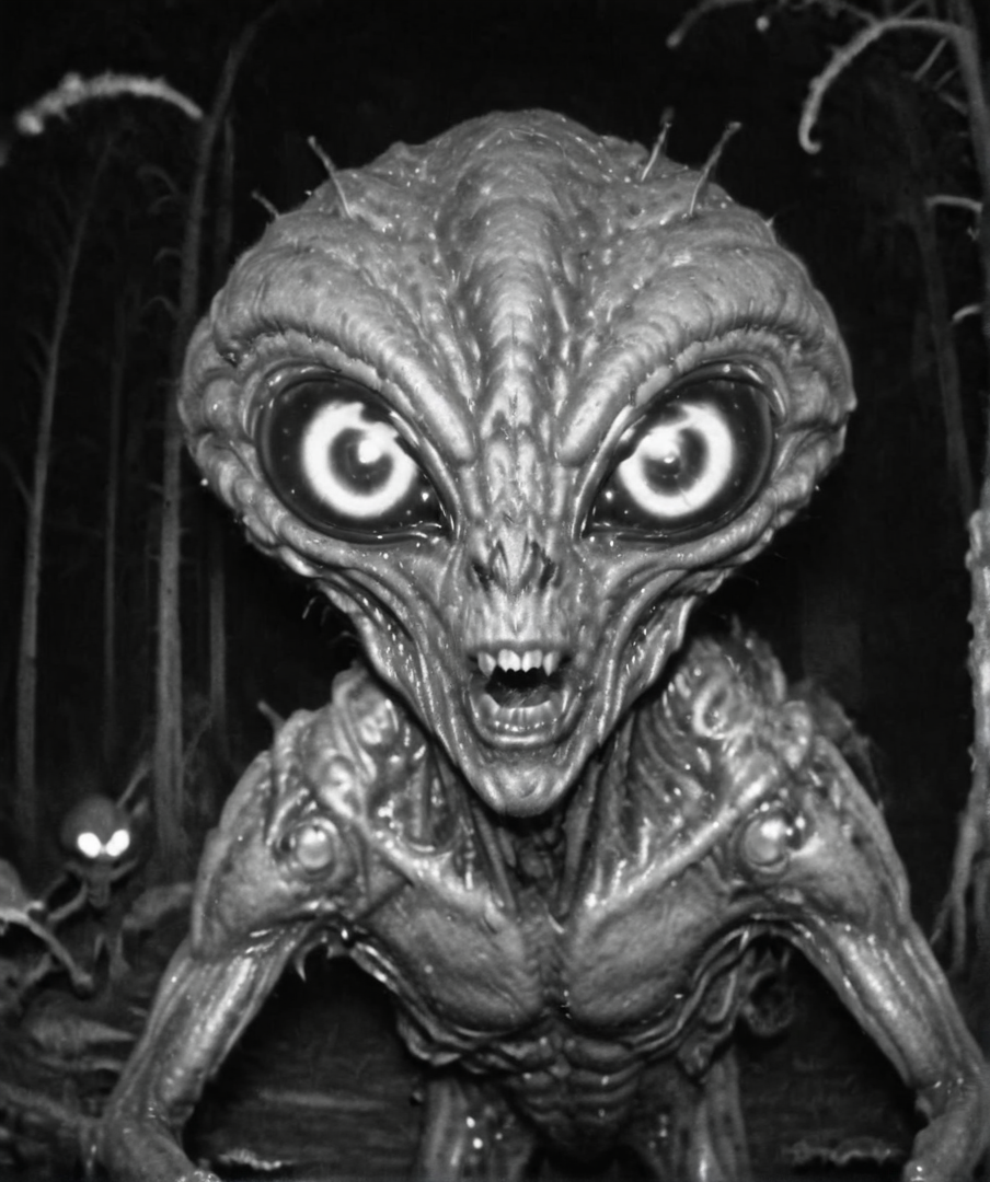 Creepy alien looking at the camera, monster, horror,  camera trap, monochrome   <lora:Camera trap:1>