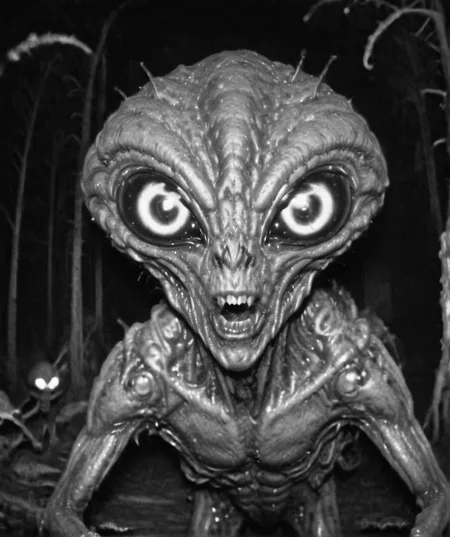 Creepy alien looking at the camera, monster, horror,  camera trap, monochrome   <lora:Camera trap:1>