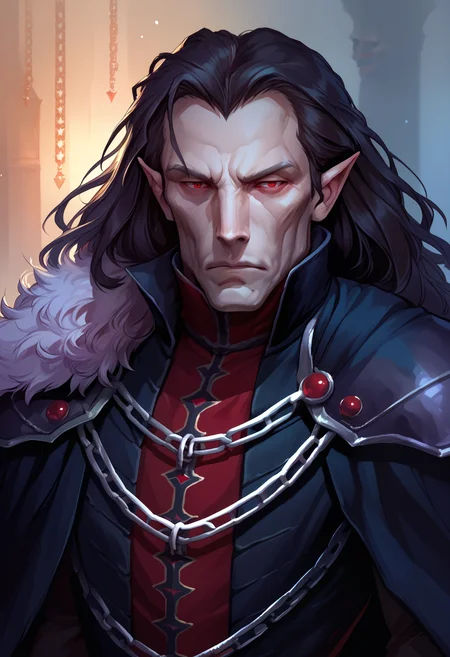 score_9, score_8_up, score_7_up BREAK solo, 1boy, strahd, colored skin, pale skin, pointy ears, long hair, red eyes, high collar, black cape, cloak chain, red doublet, shoulder armor, fur trim, portrait <lora:clamStrahdPDXL_v20:1>