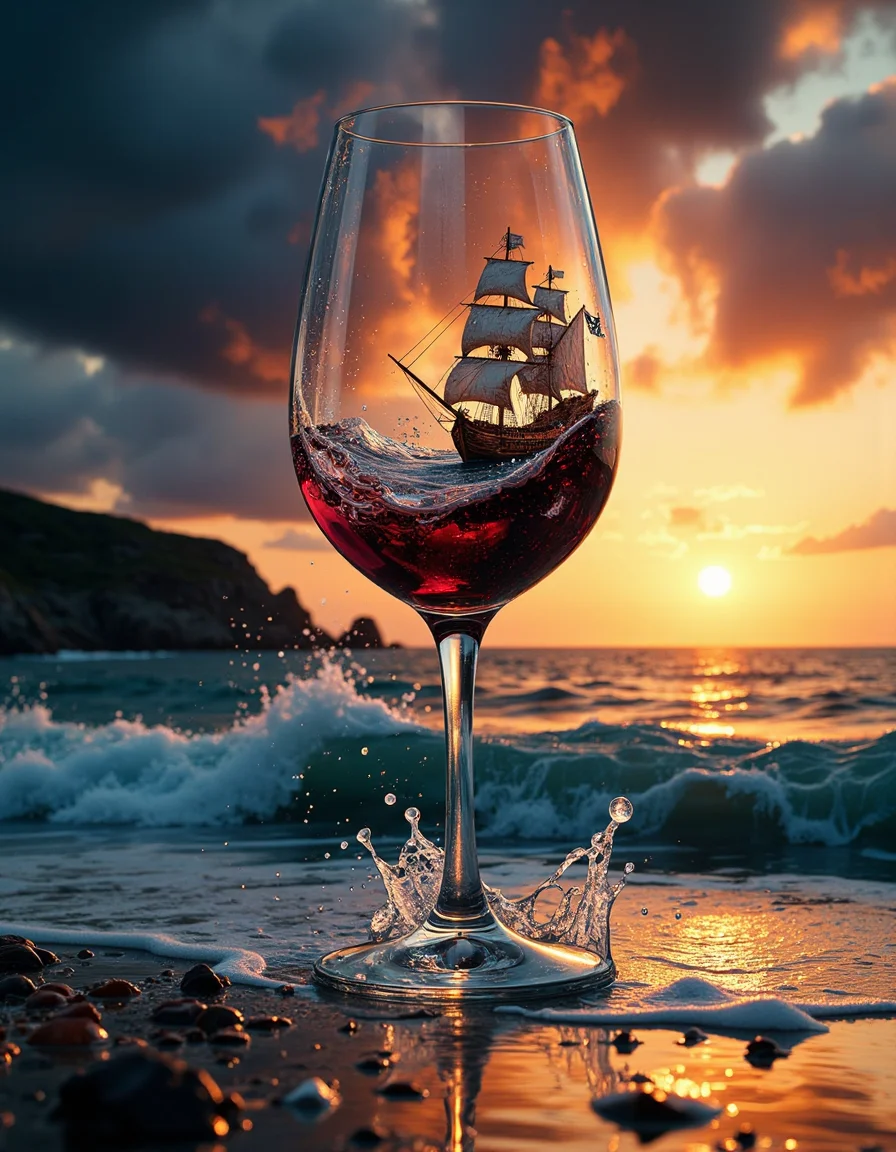 A wine glass laying on the floor,Out of the wine glass comes a raging ocean,with a pirate ship sailing it. 8k hyper realistic,splash of wine,sunset celestial