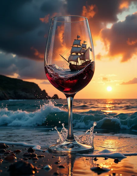 A wine glass laying on the floor,Out of the wine glass comes a raging ocean,with a pirate ship sailing it. 8k hyper realistic,splash of wine,sunset celestial