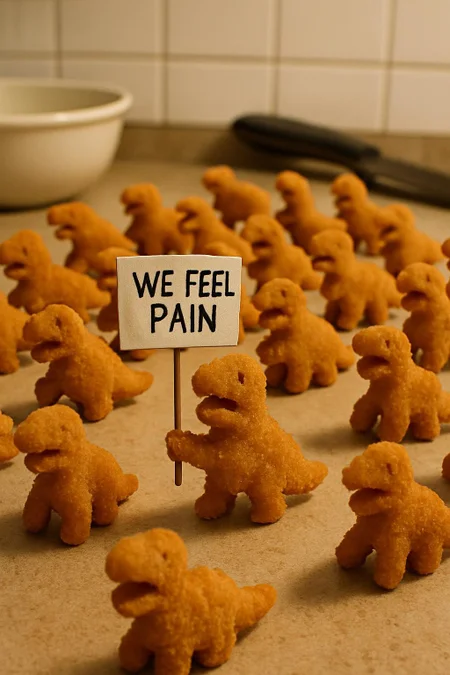 Dinosaur-shaped chicken nuggets have gained sentience and can now feel pain. they assemble an army on the kitchen counter to stage their revolt.
