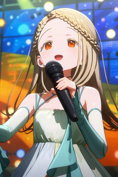 score 9, score 8 up, score 7 up, rating explicit,
detailed background, upperbody, skinny,
orange eyes, detailed eyes, blonde hair, open mouth, singing,
hiro shinosawa, dress, holding microphone, dress, light smile
shiny skin,  <lora:cavour.pony:1>