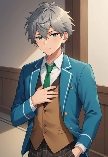 score_9, score_8_up, score_7_up, source_anime, highly detailed,
izumisena, 1boy, plaid pants, male focus, solo, necktie, school uniform, jacket, blue jacket, upper body, blazer, vest, brown vest, plaid, pants, green necktie, blue eyes, grey hair, standing, smile, hand on own chest, looking at viewer,
indoor,