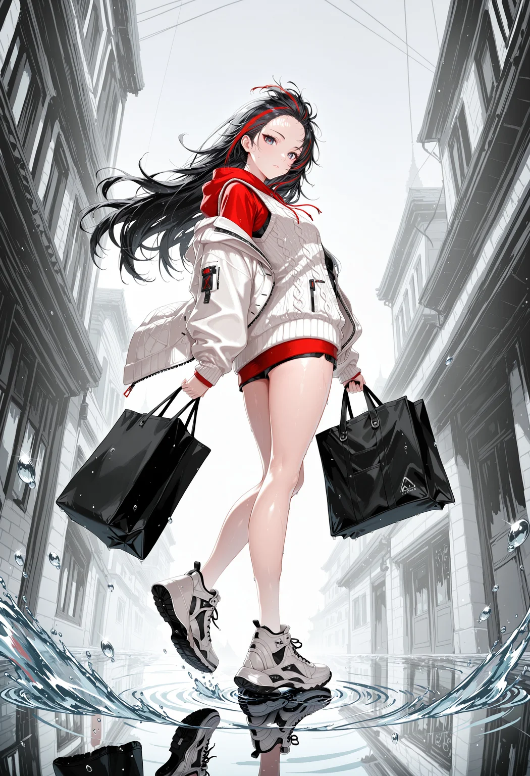 1rregular_b0, hyperdetailed_bg, (realistic_bg:1.4), (su22eal_bg:1.3), full_bg, character focus, outdoors, (greyscale, grey background, monochrome), (floating water drops:1.4), big water particle, round water particle, water puddle, ripples, depth of field, city_theme, (techwear, modernstyle), (detailed background),
(1girl, holding, big shopping bag, turn back, looking at viewer, dynamic pose, dynamic clothes), (white coat, white cardigan vest, shoes, long sleeves, red sleeveless hoodie, reflection, white footwear, open clothes, official alternate costume, off shoulder, bare legs), (great anatomy, correct anatomy, akariL, wide forehead, black hair, long hair, red_streaked_hair, greenish_grey_pupils, red_iris, small breasts),
full body, view_behind, from_below,
((masterpiece, absurdres, newest, best quality, visual impact, very aesthetic, perfect quality, absolutely eye-catching)), 4K, detailed facial features, detailed clothing features, detailed texture,