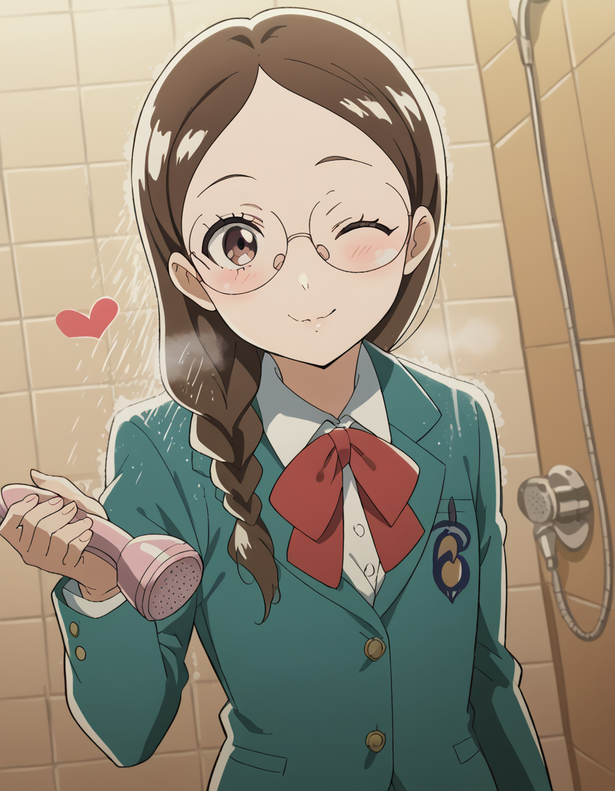 score_9, score_8_up, score_7_up, source_anime, <lora:megumi-takahashi-s1-ponyxl-lora-nochekaiser:1>, megumi takahashi, long hair, brown hair, brown eyes, braid, glasses, hair over shoulder,, school uniform, jacket, blazer, ribbon, red ribbon, green blazer, shirt, white shirt, collared shirt, skirt, pleated skirt, grey skirt,, shower, water, steam, shower head, tiles, smile, <lora:blowing-kiss-ponyxl-lora-nochekaiser:1>, blowing kiss, pucked lips, heart, one eye closed, o3o, hand up, bed room, bed, blush, cowboy shot, dutch angle,, looking at viewer, solo,, dutch angle, cowboy shot