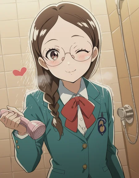 score_9, score_8_up, score_7_up, source_anime, <lora:megumi-takahashi-s1-ponyxl-lora-nochekaiser:1>, megumi takahashi, long hair, brown hair, brown eyes, braid, glasses, hair over shoulder,, school uniform, jacket, blazer, ribbon, red ribbon, green blazer, shirt, white shirt, collared shirt, skirt, pleated skirt, grey skirt,, shower, water, steam, shower head, tiles, smile, <lora:blowing-kiss-ponyxl-lora-nochekaiser:1>, blowing kiss, pucked lips, heart, one eye closed, o3o, hand up, bed room, bed, blush, cowboy shot, dutch angle,, looking at viewer, solo,, dutch angle, cowboy shot