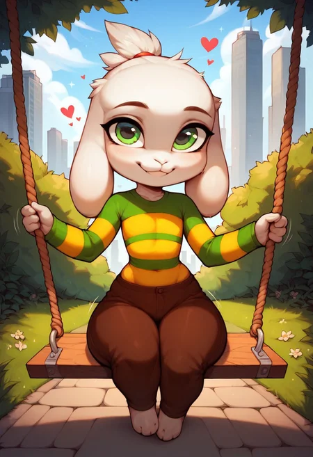 (score_9 | score_8_up | score_7_up)
(masterpiece:1)(best quality,very high quality,ultra detailed:1)
(2D,cartoon Style:1)(Smooth)(clean blurring)
(four fingers on each hand,one thumb on each hand:1)
(detailed hands:1)(solo,alone,one character)
|
(outdoor,city,park landscape,day)
(full body view,front view)
(motion lines,hearts)
(looking at viewer, happy,closed mouth,smile) (Sitting on a swing)
|
(anthropomorphic,animal,goat,white fur,large head,green eyes,long ears,tufts of hair)(male)
(small body size,shortstack:1.5)
(flat chest,thin arms,skinny waist,narrow waist,skinny thighs,skinny legs)
(green and yellow striped shirt,long sleeves,brown pants)