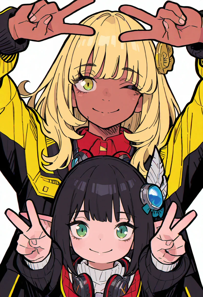 masterpiece, best quality, amazing quality, gasigasi_DQ3kenja, gasigasi_DQ3senshi, <lora:gasigasi_dq3IL:.6>, 2girls, standing, height difference, looking at viewer, simple white background, view from front, straight on BREAK <lora:XIVHoneyTrainingIL_v1.1:1>, (1girl, solo), honeyhyune, blonde hair, yellow eyes, dark skin, dark-skinned female, yellow coat, red shirt, white boots, standing behind person, peace signs, wink, smile BREAK
<lora:sr1ot:.8>, <lora:spo_sdxl_10ep_4k-data_lora_webui:.7> Sr1ot, short hair, lalafell, black hair, hair ornament, green eyes, pointy ears, headphones around neck, black jacket, upper body, peace signs, wink, smile