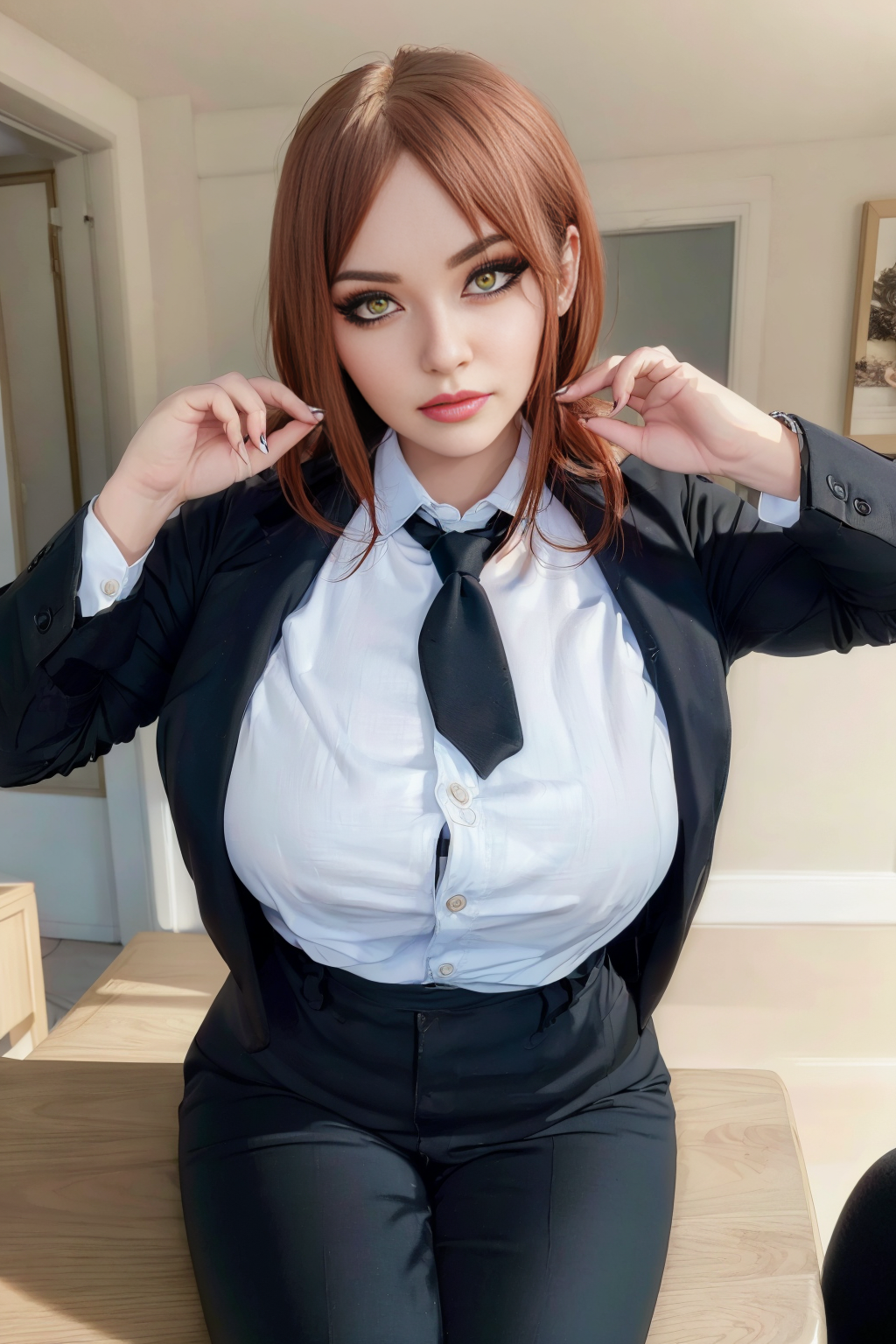 (view from front) woman Standing with one foot raised and resting on a chair, ((shirt, tie, pants):0.5) (detailed realistic face), (((hyperdetailed))), zoomed out, symmetrical face, detailed pupil, expressive eyes, makeup, real photography, modern look, Real photography (Realisitc:1.5)  <lora:EdobMakima_v1.0:0.8>  <lora:AlenkaPelenka_v1.0:0.5>