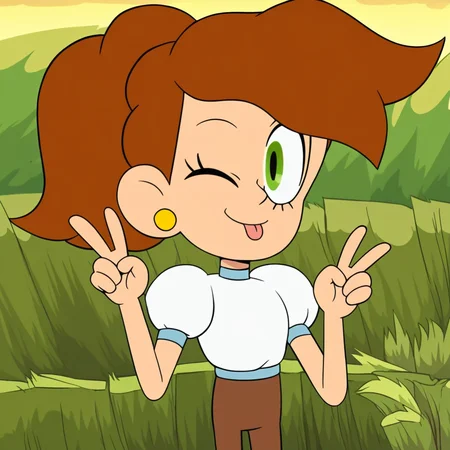 score_9, solo, melissa_cotc, brown hair, green eyes, ponytail, earrings, white shirt, puffy sleeves, brown pants, cute, v, one eye closed, tongue, outdoors