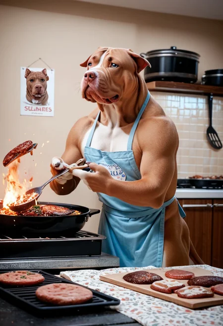 score_9, score_8_up, score_7_up, score_6_up, score_5_up, score_4_up, source_real, source_photo, pit_bull, bbq, fire, steaks, cooking, apron, summer day, poster, <lora:guard_dogs_pxl:1>