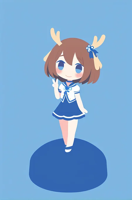 kano, 1girl, solo, blue eyes, brown hair, (antlers:1.2), blush, skirt, short hair, choker, looking at viewer, short sleeves, blue background, sailor collar, blue skirt, simple background, closed mouth, smile, hair ornament, puffy short sleeves, v, puffy sleeves, hair between eyes,
(sakaya313:1),(cobalta:0.55),(moto_murabito:0.625),(shigatake:0.45),(aaaa \(quad-a\):0.4),(hews:0.3),chibi,handmade model,pvc,3D, <lora:kano_ill_11_laji:1>