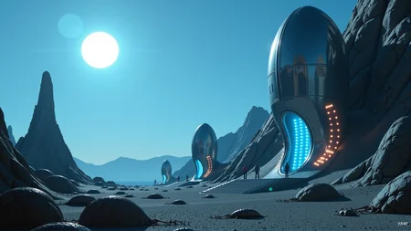 sci-fi style an alien world under a bright blue sun, the landscape is tinted blue by the light from the sun
a shiny metal fortress reflects the blue light, the fortress is build against the side of a mountain
inside the fortress dozens of space suited humanoid figures can be seen
a glowing hemisphere envelopes the fortress, the hemisphere emits sparks where the insects come close,
outside the energy shield there are many crawling insect like createures , they resemble milipedes and centipedes . futuristic, technological, alien worlds, space themes, advanced civilizations, score_9, score_8_up, score_7_up, hyperdetailed, hyperrealistic, best quality, (masterpiece:1.3),high-definition, intricate details, volumetric lighting, symmetrical face, level eyes,