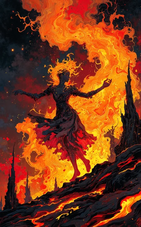 Off-center composition, low angle, three-quarters view, A woman dances in the heart of a great bonfire, her body moving in harmony with the flames that curl and twist around her. Her dress is made of fire, flickering with hues of orange, red, and gold, while her hair flows like molten lava. Despite the heat, her expression is calm and focused, her movements precise and fluid as she directs the flames with her every gesture. Around her, embers rise into the night sky like glowing stars. The intensity of the fire contrasts with the grace of her dance, creating a balance of power and beauty, Crossing a Lava Field: The molten ground crackles beneath your feet, sections of the lava field hardened into black glass by cooling nanotechnology. Hovering platforms glide across the surface, carrying cargo and personnel to outposts built into jagged obsidian spires. The air shimmers with heat, and the horizon glows with a dull, red light., swirling patterns, vibrant, dreamlike, abstract expressionist painting silhouette style surrealism art by Veronika Pinke, portrait art by William Larkin, , Elizabethan portraiture, aristocratic, elaborate costumes, intricate details, refined elegance, surreal, dreamlike, symbolic, narrative . high contrast, minimalistic, black and white, stark, dramatic . energetic brushwork, bold colors, abstract forms, expressive, emotional