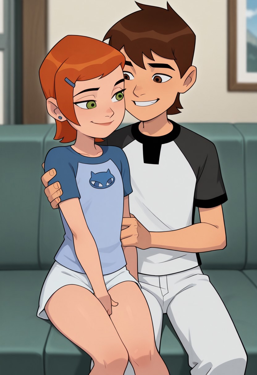 highres, hi res, best quality, masterpiece, intricate details, absurdres, 4k,, anime screencap, anime coloring, masterpiece, best quality,depth of field, 1girl, gwen tennyson, /(ben10)/, short hair, flat chest, Orange hair, clothed, smiling, cute, adorable, sitting next to Ben, BREAK,
1boy, skinny, shortstack, short height, ben tennyson /(ben10/), short brown hair, clothed, skinny, smiling, sitting next to Gwen,
(couple, boy and girl:1.3) sitting next to eachother,
front view, detailed background, (mobile home background) ,BREAK score_9, score_8_up, score_7_up, highly detailed, highly detailed skin texture, finely detailed hair
BREAK 
(grabbing crotch:1.8), (exposed genitals)