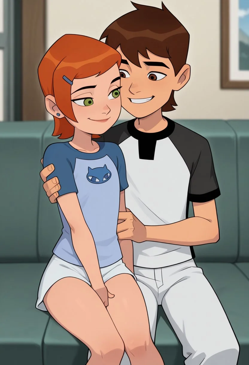 highres, hi res, best quality, masterpiece, intricate details, absurdres, 4k,, anime screencap, anime coloring, masterpiece, best quality,depth of field, 1girl, gwen tennyson, /(ben10)/, short hair, flat chest, Orange hair, clothed, smiling, cute, adorable, sitting next to Ben, BREAK,
1boy, skinny, shortstack, short height, ben tennyson /(ben10/), short brown hair, clothed, skinny, smiling, sitting next to Gwen,
(couple, boy and girl:1.3) sitting next to eachother,
front view, detailed background, (mobile home background) ,BREAK score_9, score_8_up, score_7_up, highly detailed, highly detailed skin texture, finely detailed hair
BREAK
(grabbing crotch:1.8), (exposed genitals)