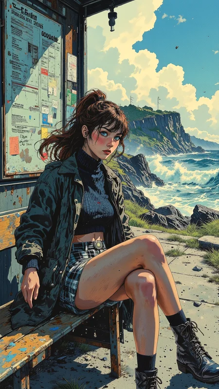 High-resolution anime-style illustration with expressive brushstrokes, bold contrasts, and a cinematic coastal atmosphere. A young woman sits alone on a weathered wooden bench at an abandoned bus stop, perched at the edge of a steep coastal cliff. Her long, chestnut-brown hair is tied into a messy, windswept ponytail, strands whipping around her face as she pulls her oversized jacket tighter around her shoulders. Her piercing blue eyes gaze toward the endless ocean, a mix of quiet contemplation and longing in her expression. She wears a cropped knit sweater in deep navy, exposing a hint of her midriff, paired with high-waisted plaid shorts and sheer black tights. Her legs are crossed, one boot tapping idly against the concrete as the salty breeze lifts the hem of her jacket. The faded bus timetable flutters on its rusted frame, barely legible beneath layers of peeling stickers and scribbled messages. Far below, waves crash violently against jagged rocks, mist rising into the air, blending seamlessly with the rolling fog that hugs the coastline. Muted blues and soft grays dominate the scene, punctuated by the warm, golden glow of the setting sun bleeding through the mist, casting long shadows over the worn pavement <lora:illustration:0.5> <lora:Vibrantly_Dark_style_v.1:0.7000000000000001> <lora:Vintage_comic_book:0.8>