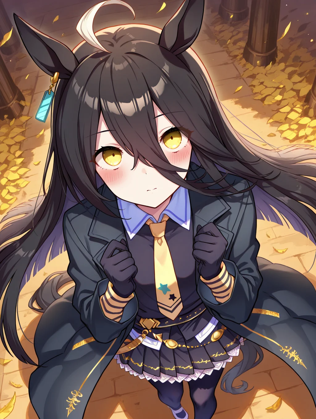 masterpiece,best quality,very aesthetic,absurdres,highres,newest,
mht race, manhattan cafe (umamusume),
ahoge, animal ears, black gloves, black hair, black jacket, black skirt,
collared shirt, earrings, gloves, hair between eyes, horse ears, horse girl,
jacket, jewelry, long hair, long sleeves, multicolored hair, necktie, shirt,
single earring, skirt, yellow eyes, black coat, black pantyhose, black shirt,
coat, highres, pantyhose, white footwear, yellow necktie, pleated skirt, horse tail,
tail, very long hair, blush, eyes visible through hair, long hair between eyes, eyebrows visible through hair,
eye_focus,<lora:eye_focus:1>,
<lora:umamusume_manhattan_cafe_ill_v1.0:1>,