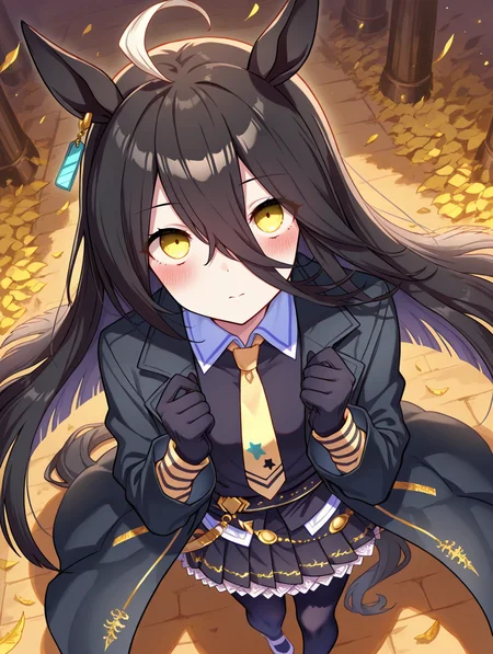 masterpiece,best quality,very aesthetic,absurdres,highres,newest,
mht race, manhattan cafe (umamusume),
ahoge, animal ears, black gloves, black hair, black jacket, black skirt,
collared shirt, earrings, gloves, hair between eyes, horse ears, horse girl,
jacket, jewelry, long hair, long sleeves, multicolored hair, necktie, shirt,
single earring, skirt, yellow eyes, black coat, black pantyhose, black shirt,
coat, highres, pantyhose, white footwear, yellow necktie, pleated skirt, horse tail,
tail, very long hair, blush, eyes visible through hair, long hair between eyes, eyebrows visible through hair,
eye_focus,<lora:eye_focus:1>,
<lora:umamusume_manhattan_cafe_ill_v1.0:1>,