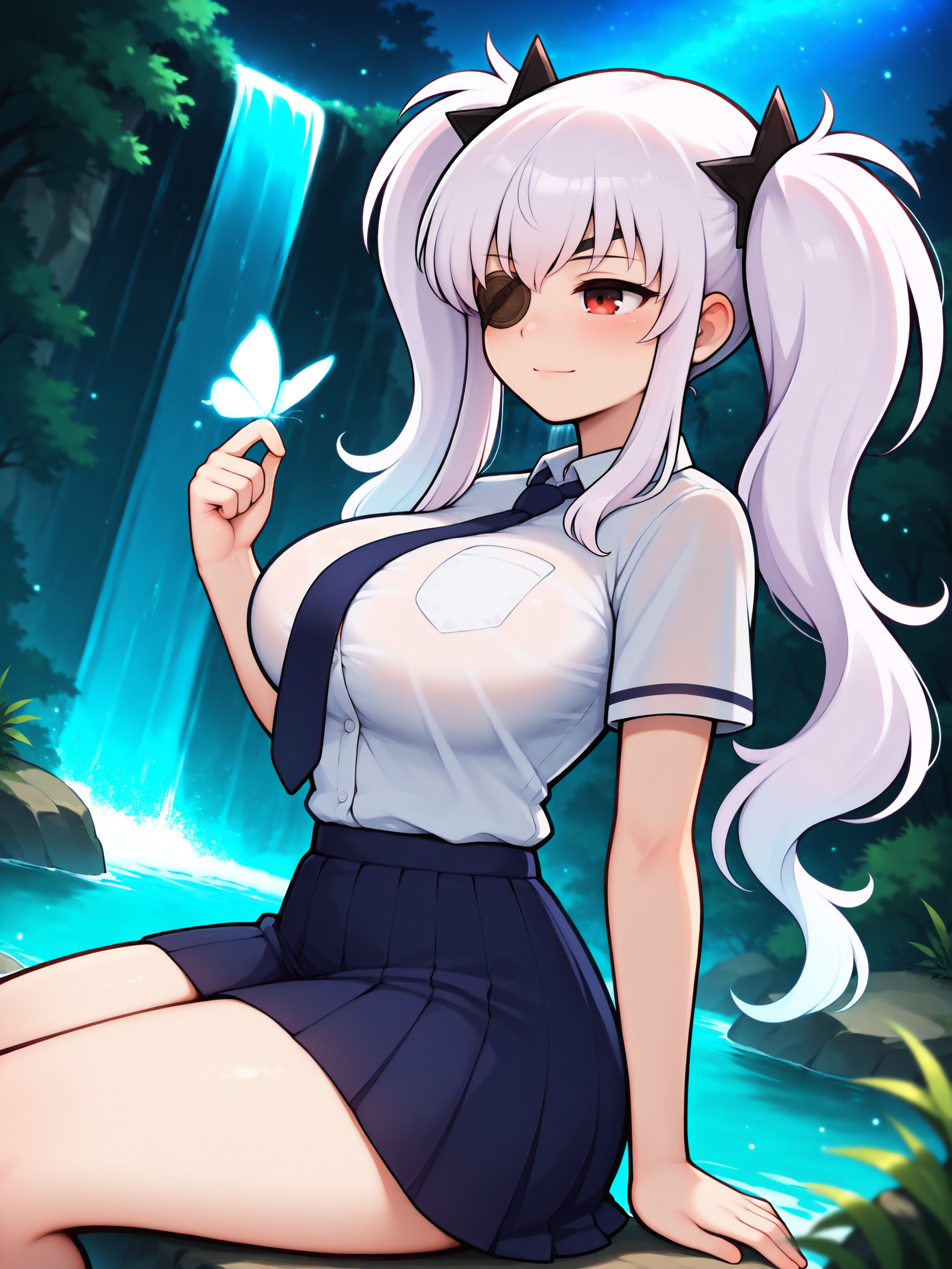 masterpiece, best quality, amazing quality, by asukaln
(solo:1.4), Yagyu_IL, red eye, eyepatch, white hair, long hair, twintails, shuriken hair clips, black hair clips, large breasts, Yagyu_School, school uniform, blue necktie, white buttoned shirt, pleated skirt
ultra-detailed-eye, detailed background, waterfall, clear skin, from side, butterfly on hand, glowing, sitting, light smile, night, dark theme, (dutch angle:1.3), light particles
<lora:Mystyle_SDXL_LoCon_DORA_v2:1>
<lora:SK_Yagyu_IL:0.8>