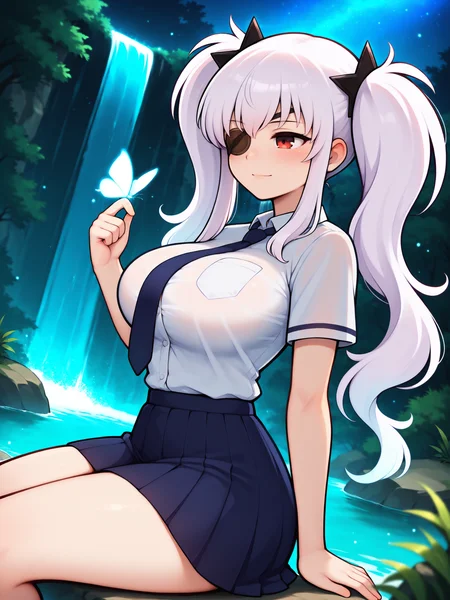 masterpiece, best quality, amazing quality, by asukaln
(solo:1.4), Yagyu_IL, red eye, eyepatch, white hair, long hair, twintails, shuriken hair clips, black hair clips, large breasts, Yagyu_School, school uniform, blue necktie, white buttoned shirt, pleated skirt
ultra-detailed-eye, detailed background, waterfall, clear skin, from side, butterfly on hand, glowing, sitting, light smile, night, dark theme, (dutch angle:1.3), light particles
<lora:Mystyle_SDXL_LoCon_DORA_v2:1>
<lora:SK_Yagyu_IL:0.8>