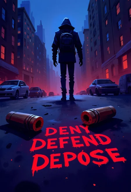 "DENY DEFEND DEP0SE" are written on 3 empty bullet casings lying scattered on a dark new york street, , in the background is the silhouette of a hooded man in a jacket with backpack walking away, the lighting is dramatic, cold blue on dark purple with red highlights, creating a cinematic scene