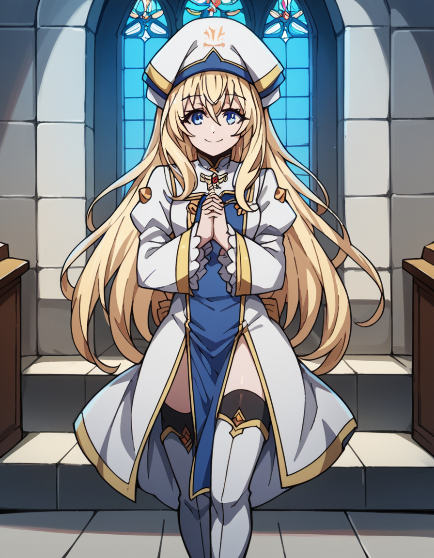 score_9, score_8_up, score_7_up, source_anime,
priestess, <lora:priestess-s2-ponyxl-lora-nochekaiser:1>,
priestess, blonde hair, blue eyes, long hair, hair between eyes,
boots, dress, frilled sleeves, frills, hat, white headwear, pelvic curtain, high heels, robe, thigh boots, thighhighs, white thighhighs, long sleeves, puffy sleeves,
church, hands together, praying, smile,
looking at viewer, cowboy shot, solo,