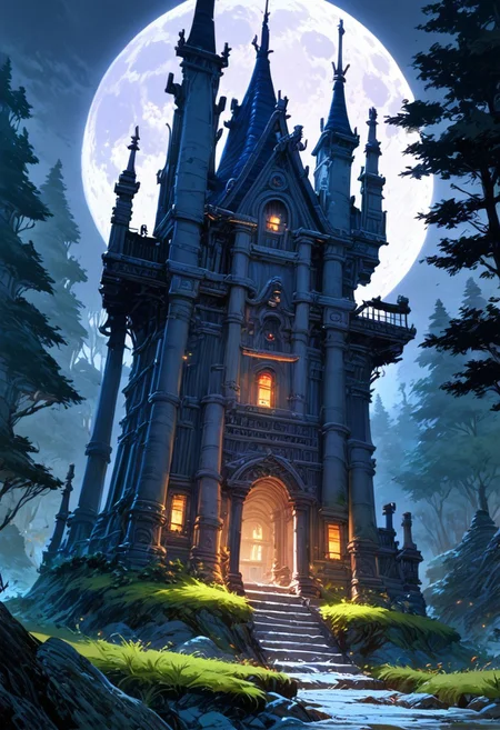 score_9, score_8_up, score_7_up, masterpiece, landscape, old forest, gnarled trees, grass, ancient houses, dilapidated buildings, shacks, witch houses, buildings, sun, epiCPhoto, long shadows, eerie, moon, dark night