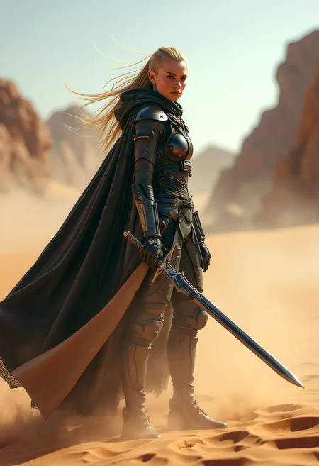 A cinematic scene unfolds in a desert landscape, where a Valenar Elf warrior, a fusion of ancient traditions and high-tech innovations, stands ready for battle. Her clothing, a blend of traditional elven attire and futuristic technology, includes a high-tech cloak and armor, enhancing her agility and protection. The warrior, with her sword drawn, faces the sandstorm, her determined expression capturing the essence of resilience and strength. This high-resolution photograph, with its dynamic composition, energetic pose, and hyper-realistic details, utilizes dramatic lighting and shallow depth of field to create a captivating image, leaving viewers enthralled by the warrior's beauty, power, and the mysteries of the desert's harsh environment.   <lora:scifi/fluxPunk_v1.safetensors:1.0>,  <lora:flux/Sinfully_Stylish_.02_for_FLUX-000002.safetensors:1.0>,  <lora:flux/perfection style v2d.safetensors:1.0>, perfection style, <lora:flux/ARTifacts>,
