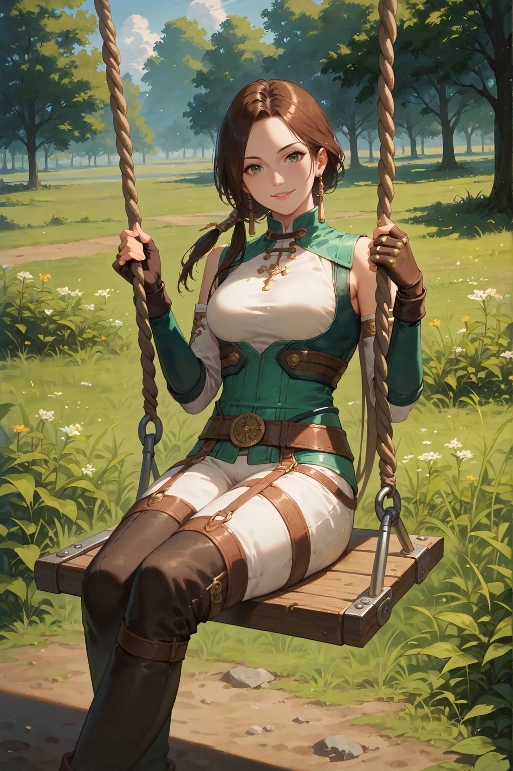 score_9, score_8_up, score_7_up, masterpiece, She sits on a swing, leaning back with a carefree smile., <lora:Yueying_Dynasty_Warriors:0.8> 1girl, solo, green eyes, brown hair, long hair, ponytail, earrings, jewelry, fingerless gloves, looking at viewer, outdoors