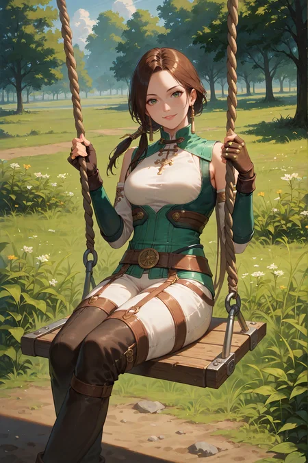score_9, score_8_up, score_7_up, masterpiece, She sits on a swing, leaning back with a carefree smile., <lora:Yueying_Dynasty_Warriors:0.8> 1girl, solo, green eyes, brown hair, long hair, ponytail, earrings, jewelry, fingerless gloves, looking at viewer, outdoors