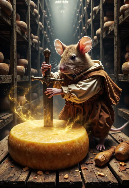Hyper-realistic photo. Set in a giant mouldy symmetrical parmesan warehouse that seemingly stretches out forever, broken up the occasional ladder.  A mouse dressed like a medieval peasant  is gripping a sword with both hairy paws by it's hilt and pulling it from a large wheel of parmesan.  The glowing sword is half buried straight down in the wheel of parmesan and the mouse is really straining to pull it free.  The worn clothes are incredibly detailed from years of wear. Dust and motes hang in the air giving it a slightly mystical look.  <lora:Aura_Flux:0.5> <lora:Dever_Flux_Enhancer:0.5>  <lora:Phlux:0.8>