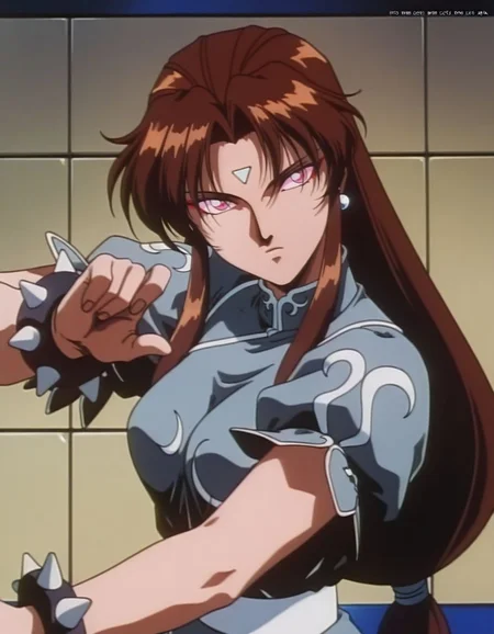 masterpiece, best quality, <lora:Chunli:1>, uselessli, brown hair, long hair, head tilt, medium breasts, parted bangs, short sleeves, anime coloring, earrings,dark skin,pink eyes, facial mark, retro artstyle, 1990s (style), expressionless, upper body, fighting stance, spiked bracelet,