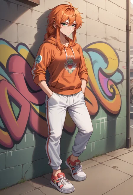 score_9, score_8_up, source_anime, 1girl, solo, FlammeFrieren, orange hair, green eyes, long hair, braided ponytail, urban and street style, graffiti-inspired colors, cool and edgy attire, sweatpants, hoodie, stylish sneakers, fashionable accessories, hip hop jewelry, confident expression, graffiti walls, energetic and vibrant atmosphere, <lora:ChamFlammePonyXL:1>