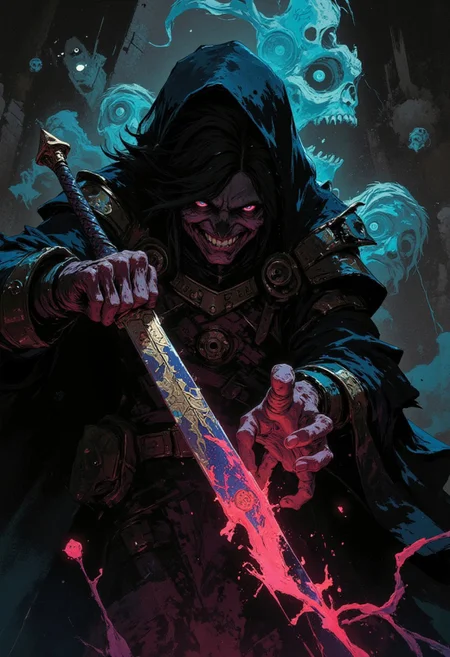 high quality, dynamic angle, unusual angle, dynamic, dynamic composition, single sword, runic engraving, runes, sould of the damned, broken sword, broken, damaged In the dim, flickering light, a sinister shadowy figure emerges, its presence cloaked in an air of mystery. (Looking at the viewer with sinister smile:1.3) Slowly, it reaches out toward the hilt of the shattered runic sword, its movements deliberate yet hesitant. The ancient engravings on the hilt begin to pulse faintly, glowing like a dying ember, their light casting eerie shadows across the figure’s outstretched hand. The closer it gets, the air grows colder, heavy with an otherworldly presence. From the jagged break in the blade, spectral wisps begin to unfurl, curling and twisting like smoke, their forms coalescing into ghostly faces etched with agony. Whispers fill the air—soft at first, but rising into a cacophony of tormented wails. The figure’s hand trembles as its fingers hover just above the hilt, as though sensing the weight of the cursed power it is about to claim. Finally, with a sharp intake of breath, the hand closes around the sword. The runes ignite with a blinding light, and the escaping souls recoil, writhing in both fear and fury <lora:FLUX\FLUX-daubrez-DB4RZ:0.3> <lora:FLUX\ArcaneFGTNR:0.5> <lora:FLUX\VividlySurrealApex:0.6> <lora:FLUX\Anime v1.3:0.5>