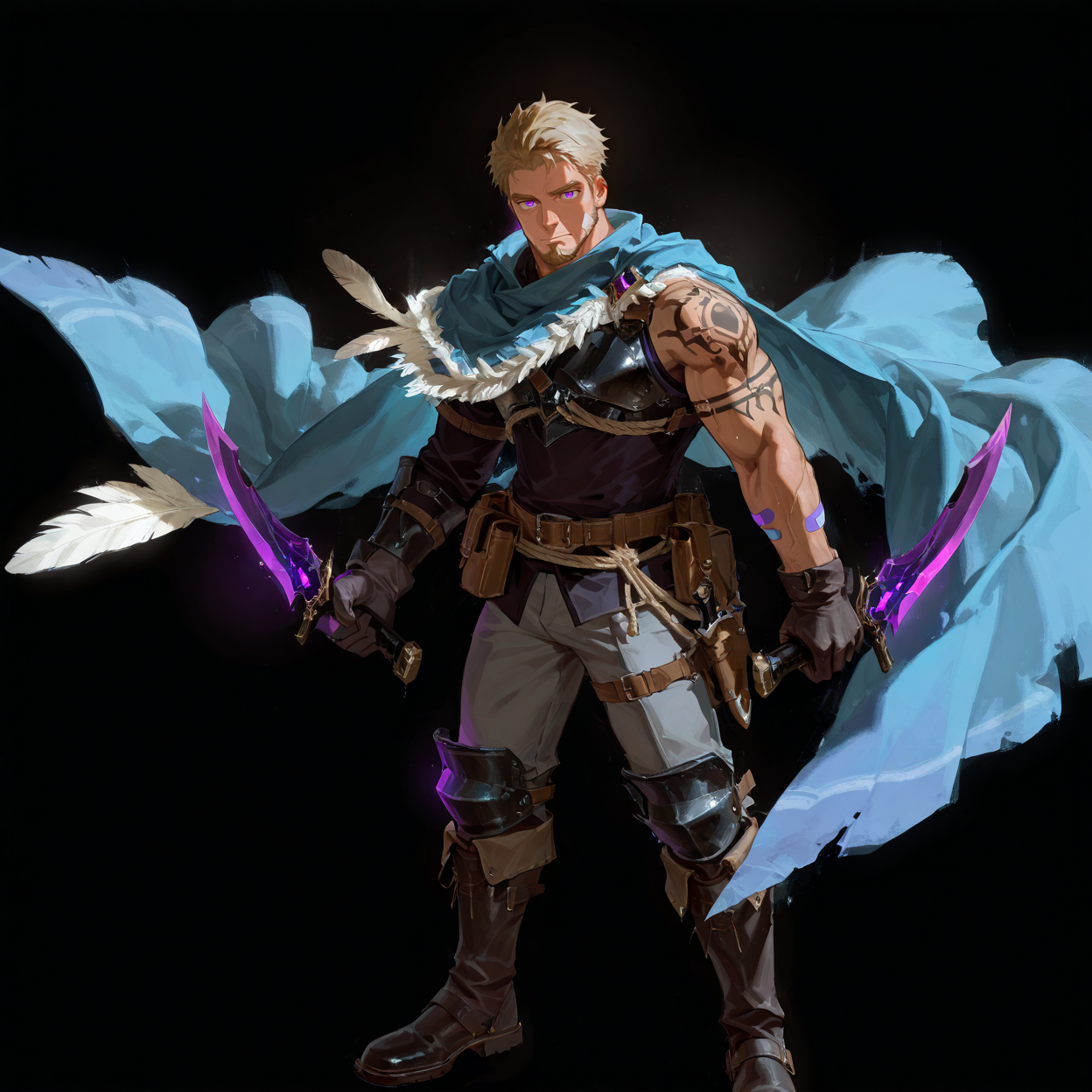 <lora:Basheeny__Alchemist_Code-000003:.7>, (	 tagatamebasheeny, 1boy, blonde, short hair, purple eyes, solo, male focus, manly, bara, mature male, muscle body, cape, feather, shirt, gloves, bandaid on arms, gloves, chest armor, pouch, rope, purple glowing, tattoo on one arm, pants, armor, boots, dagger, dual wielding) 
looking at the viewer,
(very short hair, beard, bara, mature, facial hair, stubble, beard, full beard, sideburn, beard, a lot of beard, ), facial hair,male focus, muscular male, muscular male, bara, mature,  bara, mature, aixiwuganda_(20222192), very awa, masterpiece, best quality, absurdres, newest, perfect quality, detailed background, intricate details,
<lora:slider_Body Type_alpha1.0_rank4_noxattn_last:3><lora:Anime Summer Days 2 Style SDXL_LoRA_Pony Diffusion V6 XL:.6><lora:slider_cfg_scale_boost:.7><lora:Artist6p:.55>, Artist6p, Artist04p,<lora:slider_il_brightness_slider_d1:-1><lora:slider_il_contrast_slider_d1:-1><lora:slider_DarkSlider1.2_alpha1.0_rank16_full_300steps:-.6>