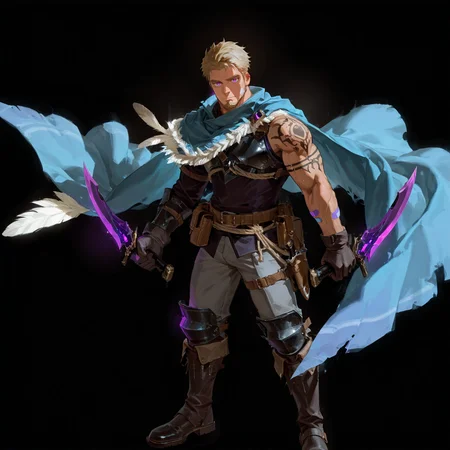 <lora:Basheeny__Alchemist_Code-000003:.7>, (	 tagatamebasheeny, 1boy, blonde, short hair, purple eyes, solo, male focus, manly, bara, mature male, muscle body, cape, feather, shirt, gloves, bandaid on arms, gloves, chest armor, pouch, rope, purple glowing, tattoo on one arm, pants, armor, boots, dagger, dual wielding) 
looking at the viewer,
(very short hair, beard, bara, mature, facial hair, stubble, beard, full beard, sideburn, beard, a lot of beard, ), facial hair,male focus, muscular male, muscular male, bara, mature,  bara, mature, aixiwuganda_(20222192), very awa, masterpiece, best quality, absurdres, newest, perfect quality, detailed background, intricate details,
<lora:slider_Body Type_alpha1.0_rank4_noxattn_last:3><lora:Anime Summer Days 2 Style SDXL_LoRA_Pony Diffusion V6 XL:.6><lora:slider_cfg_scale_boost:.7><lora:Artist6p:.55>, Artist6p, Artist04p,<lora:slider_il_brightness_slider_d1:-1><lora:slider_il_contrast_slider_d1:-1><lora:slider_DarkSlider1.2_alpha1.0_rank16_full_300steps:-.6>