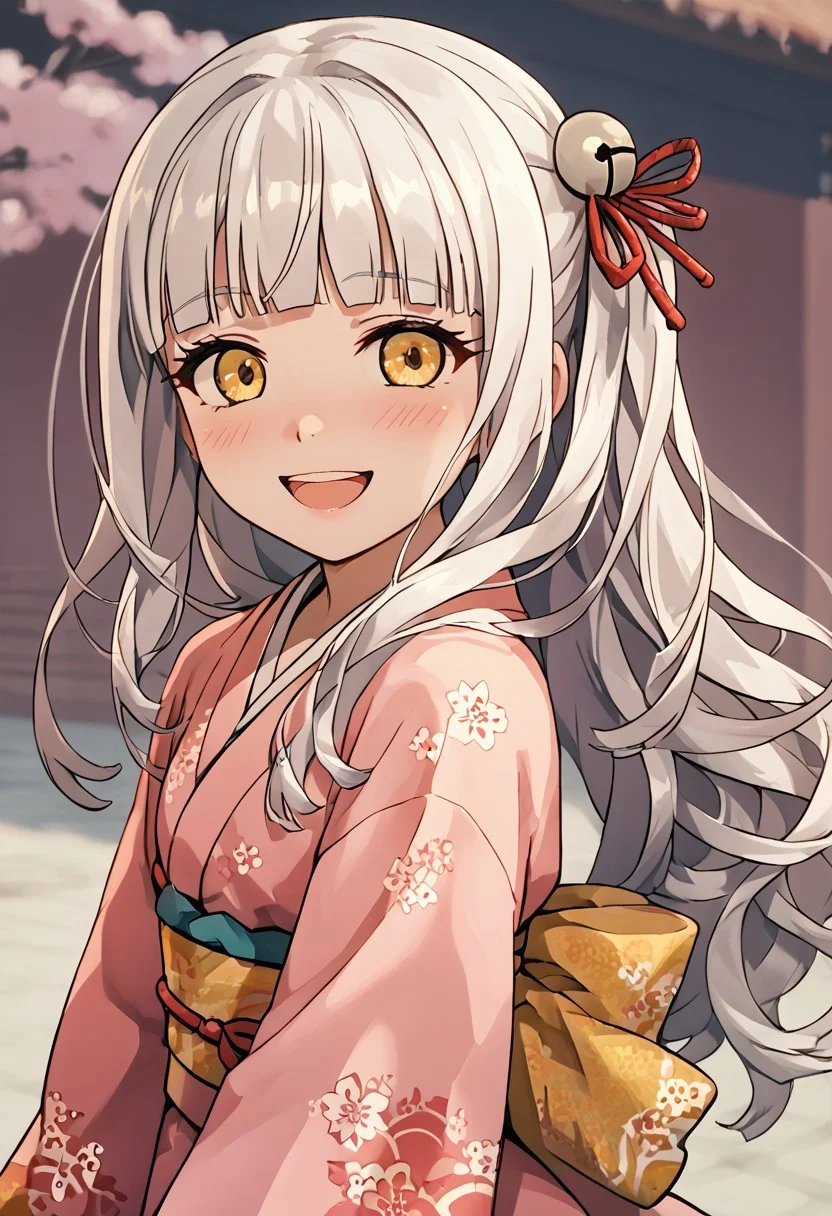 score_4,score_5,score_6,score_7_up,score_8_up,score_9 ((masterpiece,best quality,ultra detailed,highres,HD,4k:1.2)),
1 girl,solo,face focus,
Mytyl(V1),yellow eyes,long hair,white hair, blunt bangs, side locks,bell hair ornament, hair ribbon, red hair ribbon,
Pink kimono, yellow obi, floral pattern, braided hair,
open mouth, smile, happy, blush,