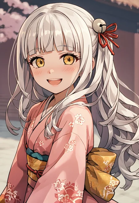 score_4,score_5,score_6,score_7_up,score_8_up,score_9 ((masterpiece,best quality,ultra detailed,highres,HD,4k:1.2)),
1 girl,solo,face focus,
Mytyl(V1),yellow eyes,long hair,white hair, blunt bangs, side locks,bell hair ornament, hair ribbon, red hair ribbon,
Pink kimono, yellow obi, floral pattern, braided hair,
open mouth, smile, happy, blush,