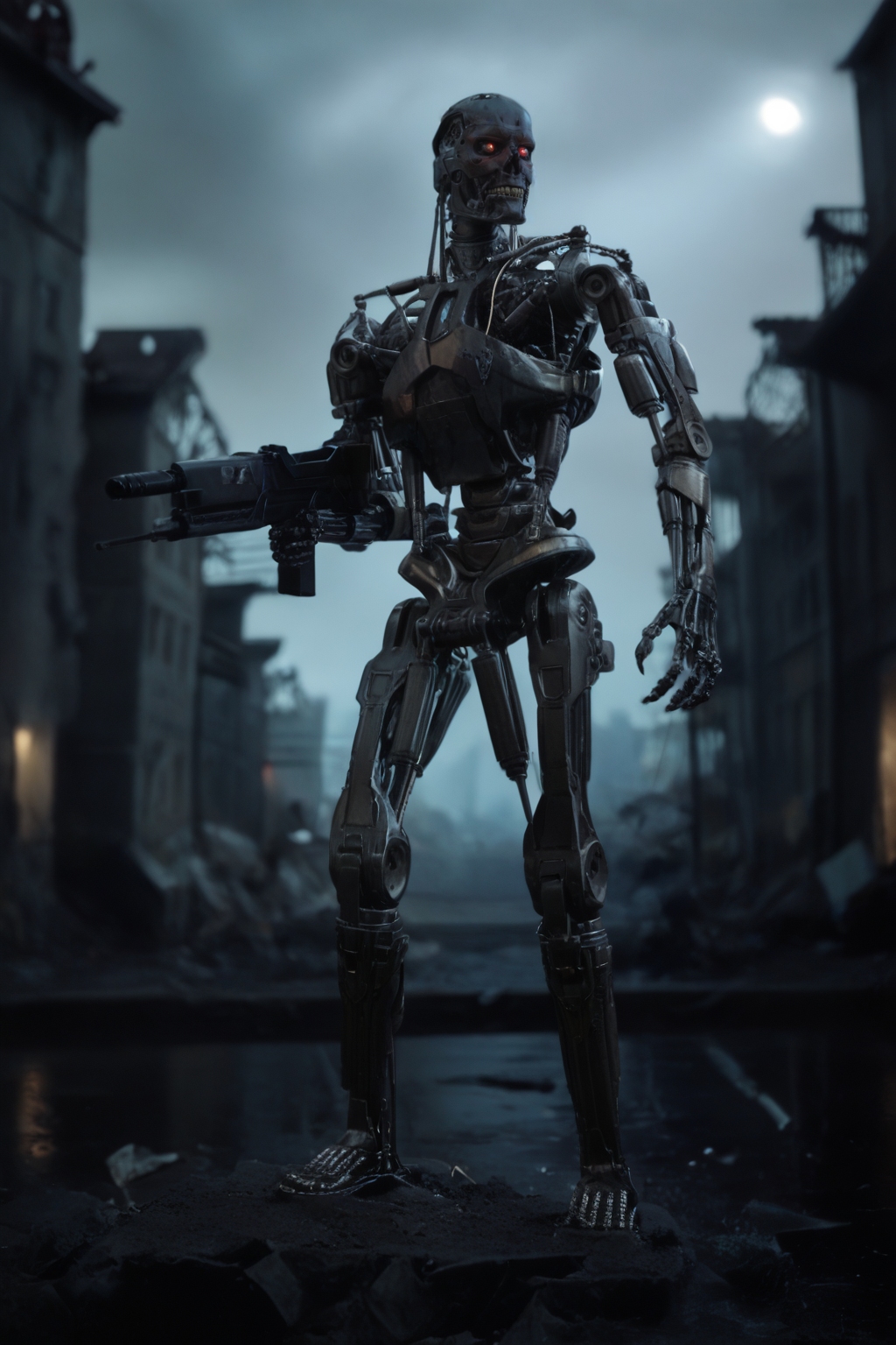 T800_Endo, Terminator robot, score_9, score_8_up, score_7_up, (source_IRL), masterpiece, high quality, highres RAW photo, ((full body shot))
a T800_Endo Terminator Robot with red eyes, <lora:T800_Endo_Terminator_Pony_v1:1>
(standing)
in a destroyed apocalyptic city, dark cloudy skies, Apocalyptic Landscape, destroyed city
dynamic lighting, highly detailed, intricate details, shadows, sunbeams, light rays