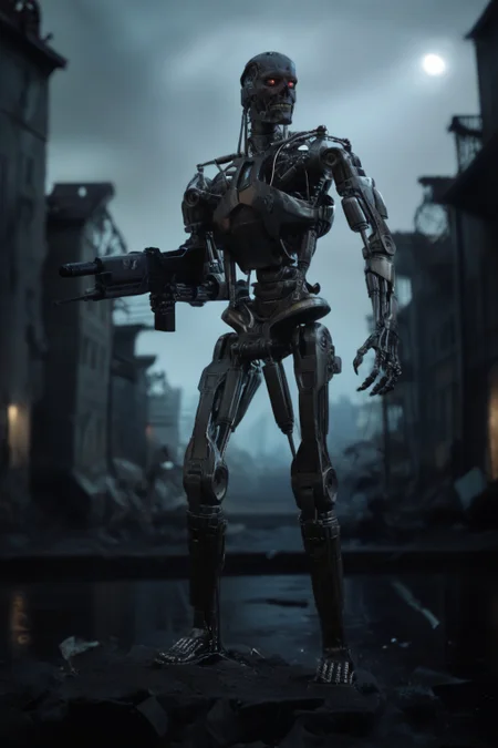 T800_Endo, Terminator robot, score_9, score_8_up, score_7_up, (source_IRL), masterpiece, high quality, highres RAW photo, ((full body shot))
a T800_Endo Terminator Robot with red eyes, <lora:T800_Endo_Terminator_Pony_v1:1>
(standing)
in a destroyed apocalyptic city, dark cloudy skies, Apocalyptic Landscape, destroyed city
dynamic lighting, highly detailed, intricate details, shadows, sunbeams, light rays