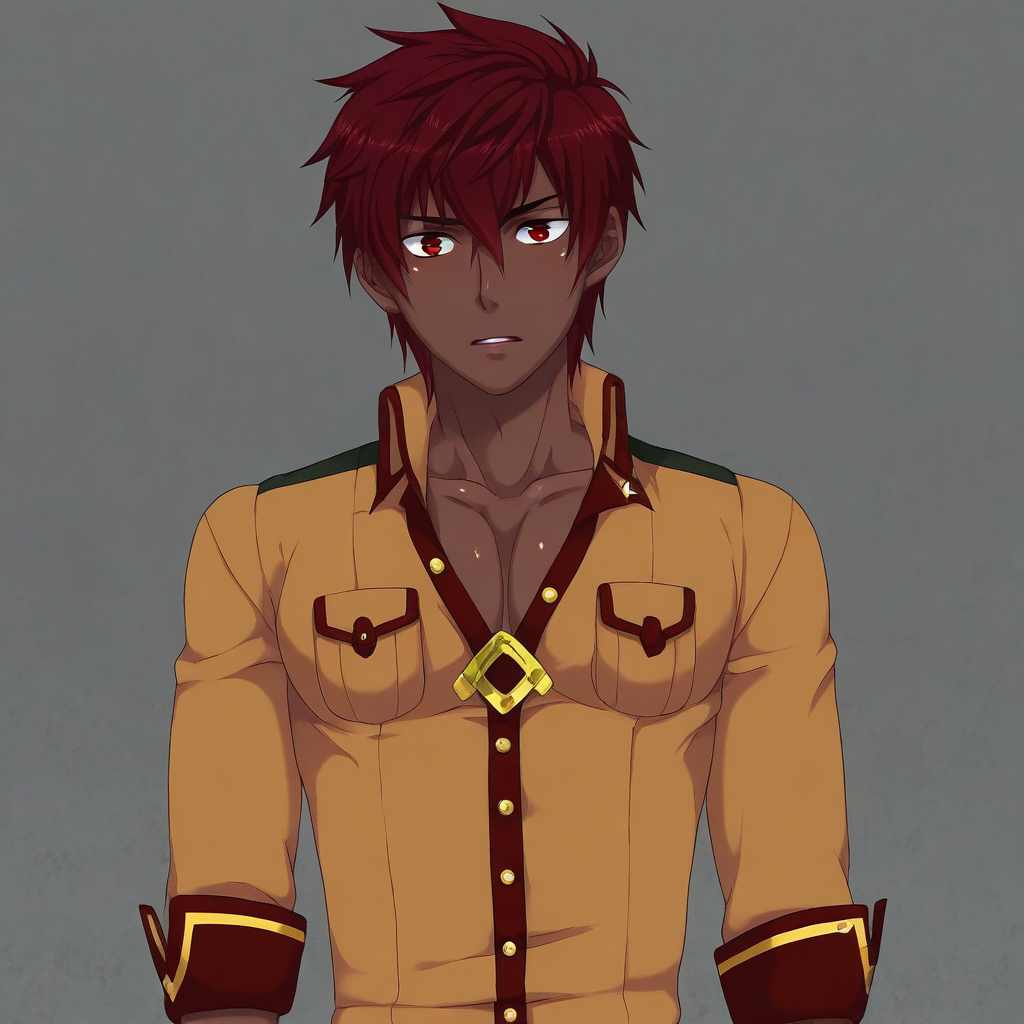 red eyes, dark-skinned boy, solo, male focus, 1boy, dark skin, red hair