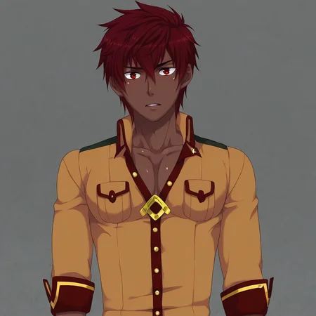 red eyes, dark-skinned boy, solo, male focus, 1boy, dark skin, red hair